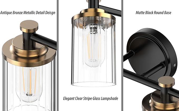 PHIXART Bathroom Lighting Fixtures Black and Gold Bathroom Vanity Light with Cylindrical Clear Stripes Glass Lampshade E26 Socket Base Bathroom Lighting Fixtures Over Mirror (3 Lights)