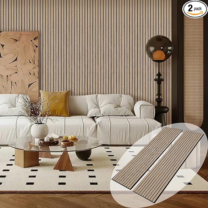 ARMURO Acoustic Wood Wall Panels, 2 PCS Slat Wall Panels - Walnut Veneer Soundproof Panels for Home & Office, 94.5" Extra-Long Easy Peel & Stick Panels for Walls (11.8"W x 94.5"L)