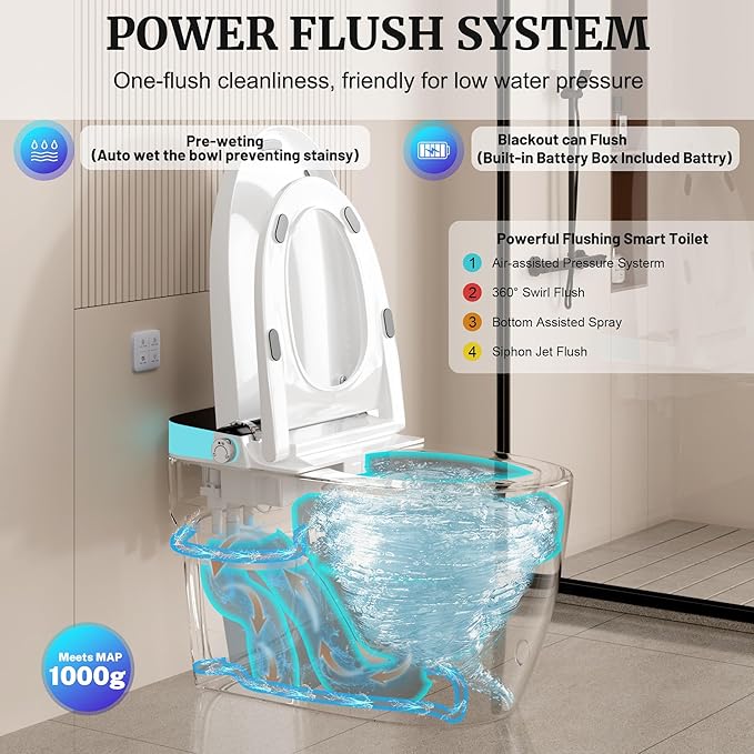Smart Toilet with Elongated Heated Seat, Auto Flush, Manual Soft-Close Seat & Lid, Night Light, Electric Tankless Toilets with Dual Flush 0.8/1 GPF, MAP 1000g
