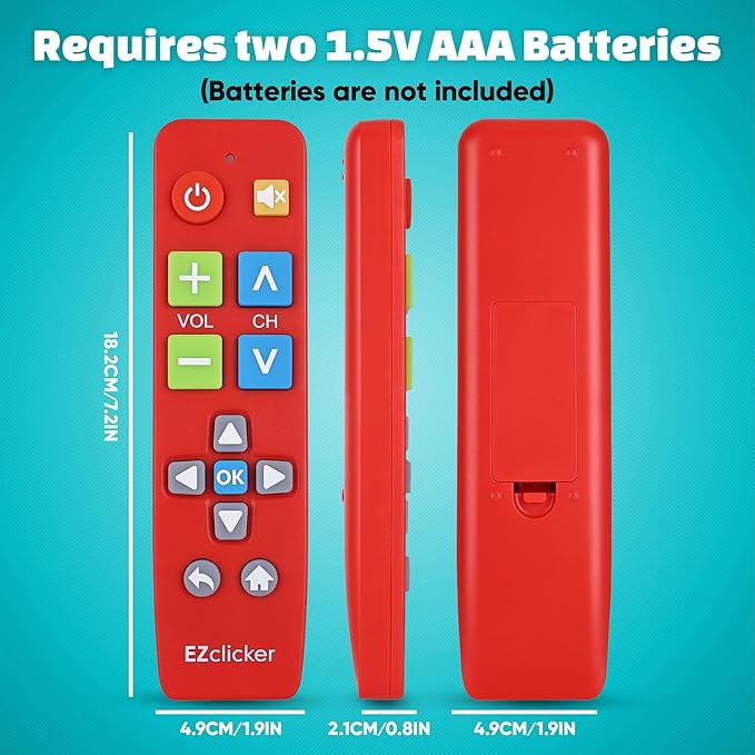 EZclicker Plus Big Button Universal TV Remote (Red) Simple Easy to Use, Works with Major TV Brands (2xAAA Batteries Not Included)