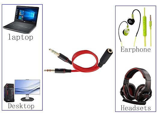 zdyCGTime 3.5mm AUX Headphone Y Splitter Cable 4-Pole 3.5mm AUX Female to 3-Pole 2x3.5mm Male Headset Mic & Stereo Audio Cable for PC Computer and Old Version Laptop Y Audio Flat Cable (20CM) (Red)