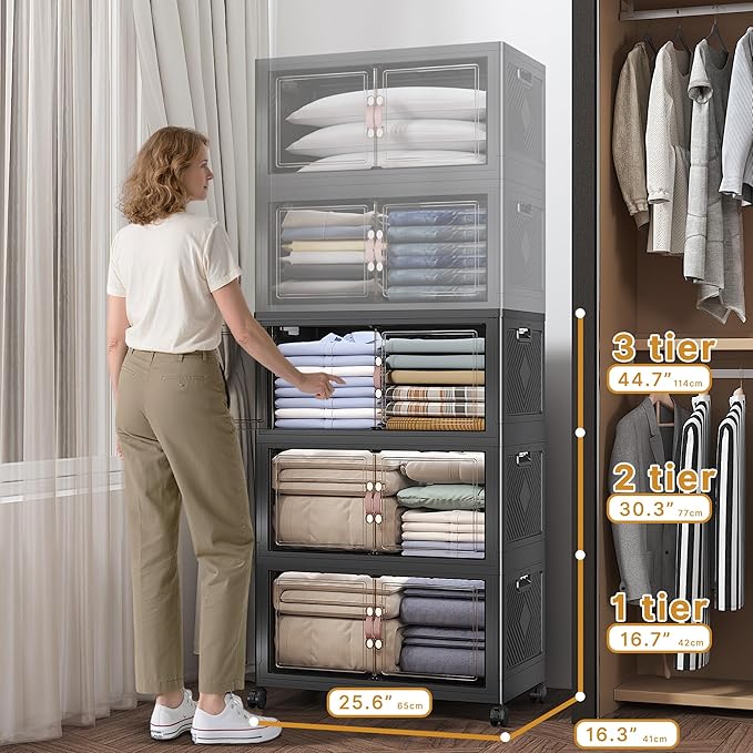 Extra Large Stackable Storage Bins with Lids & Wheels, 330QT-55QT/14GAL*6Pack Foldable Collapsible Closet Organizers Dark Storage Cabinet with Doors for Bedroom Dorm