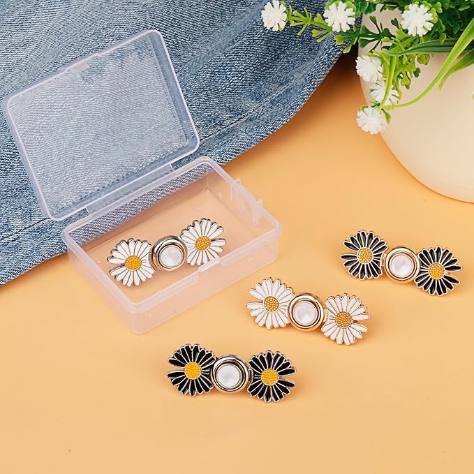 TOOVREN Pant Waist Tightener, Detachable Jean Buttons for Loose Jeans, No Sew and No Tools Button Pins for Jeans, Adjustable Jean Buttons Pins, Daisy Flower Instant Pants Button Tightener 4 Sets