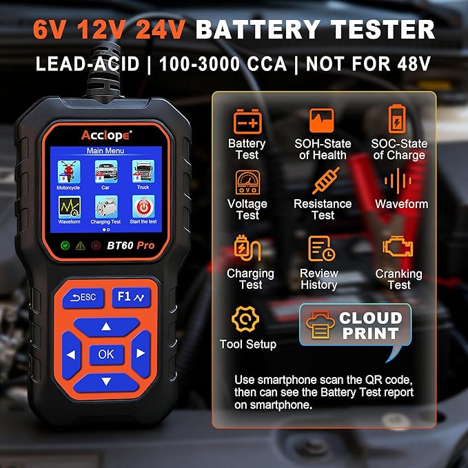 BT60 Pro Acclope Car Battery Tester with Cloud Printing 100-3000 CCA 6V 12V 24V AGM Lithium Gel Battery Checker Automotive Alternator Digital Analyzer Charging Cranking System Vehicles Truck Home-use