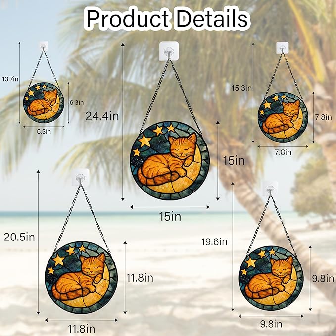 AMDERVEN Stained Glass Window Hanging - Orange Cat Sun Catcher for Door Home Decor Stars and Moon Suncatcher Christmas Mother's Day Birthday Loss of a Pet Gifts for Women Men Mom Nana 9.8 in