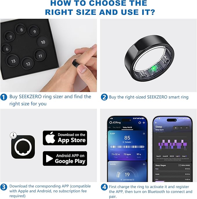 SEEKZERO Smart Ring for Women Men, Titanium Fitness Ring with Heart Rate, Stress & Sleep Monitoring,Step & Calorie Counter, 5ATM Waterproof for iPhone and Android,No Subscription Fee (Black, 7)