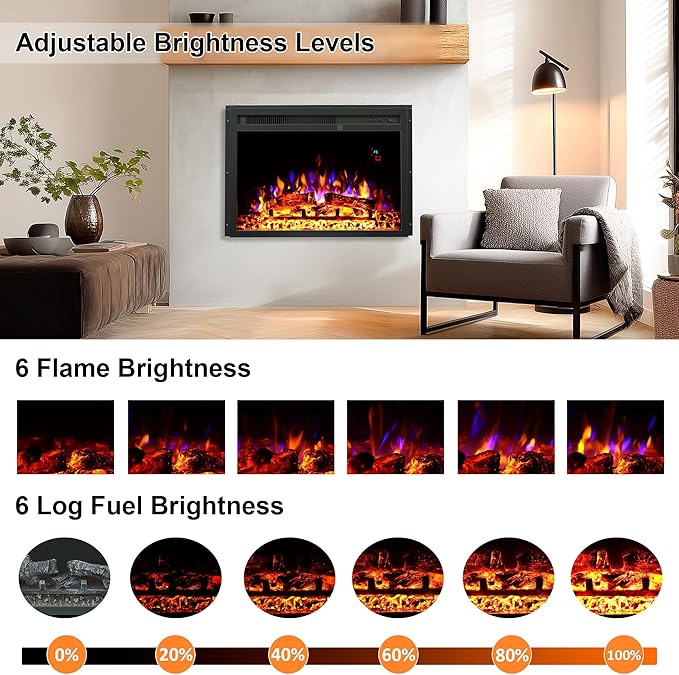 23.6 Inch Electric Fireplace Insert, Recessed Electric Fireplace Heater with Adjustable Brightness, Weekly Timer, Remote Control, Overheat Protection, 750/1500W