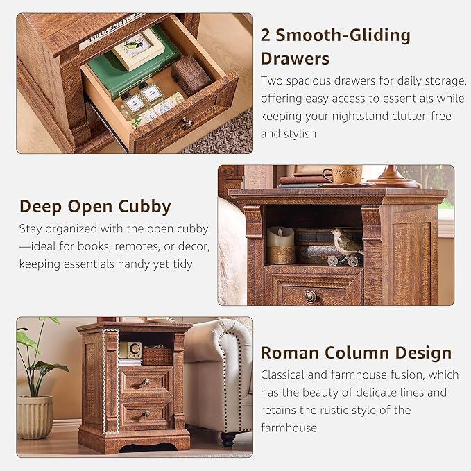 T4TREAM Farmhouse Nightstand Set of 2, 18" Sofa Side Table with Charging Station, Wooden End Table w/Roman Column, Bedside Cabinet for Bedroom, Living Room, Reclaimed Barnwood