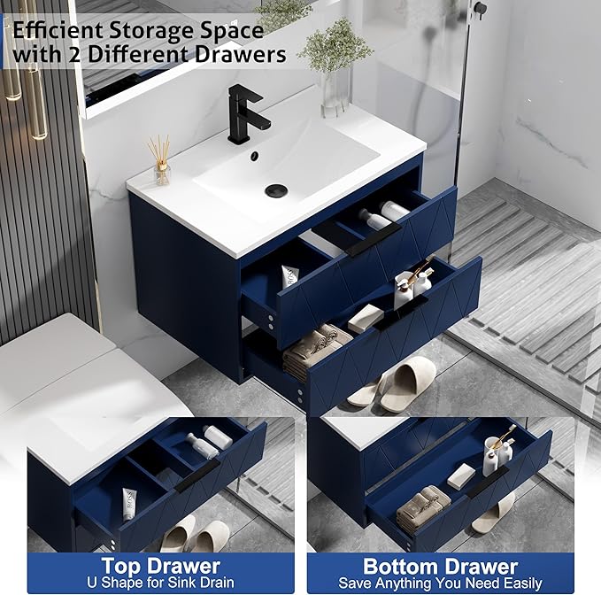 eclife 30" Bathroom Vanities Cabinet with Sink Combo, Wall Mounted Floating Cabinet W/Decor Line, Soft-Close System, 2 Extra Big Drawers, Matte Black Faucet, Navy Blue