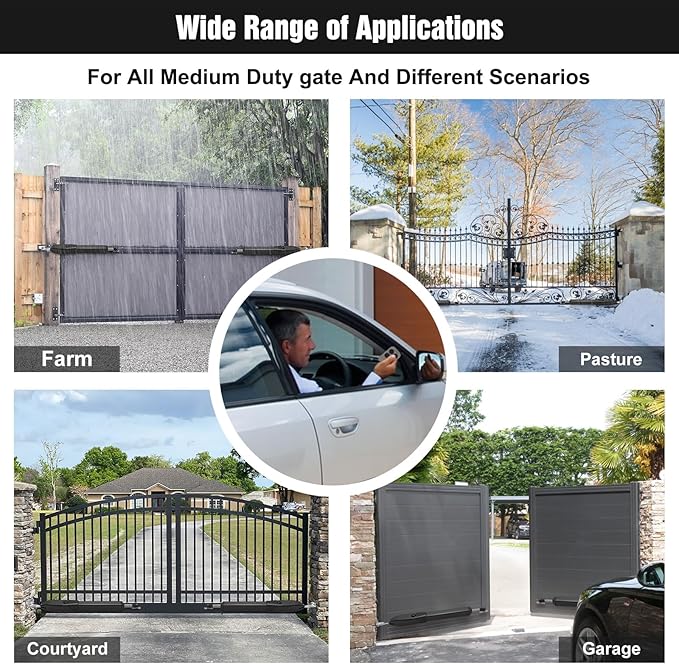 JUJIANG C01 Automatic Gate Opener with Remote Complete Kit for Single Swing Gate Up to 440lb 16FT, Electric Gate Opener Medium Duty Single Swing Gate Opener Automatic Gate Motor 40W AC Powered