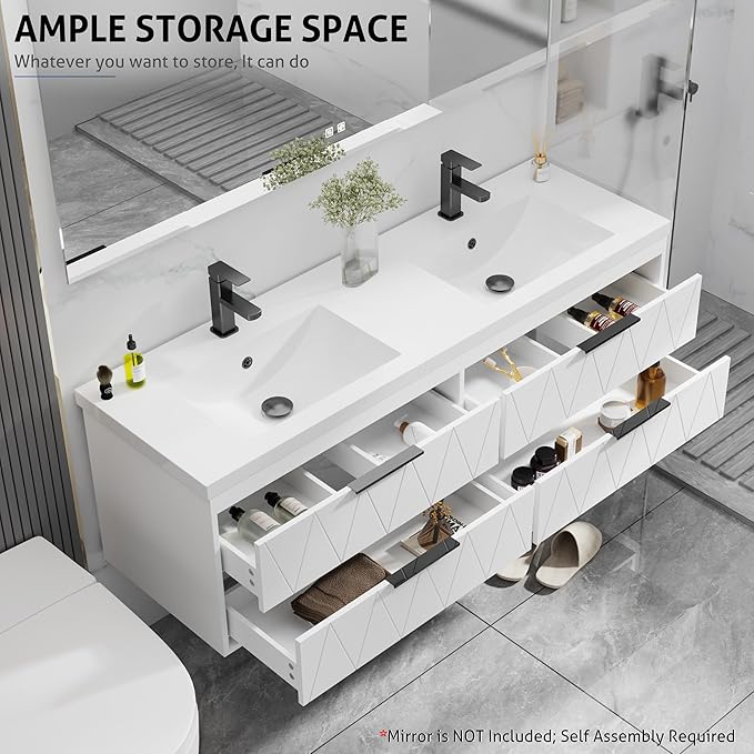 eclife 60" Bathroom Vanities Cabinet with Sink Combo, Wall Mounted Floating Cabinet W/Decor Line, Soft-Close System, 4 Extra Big Drawers, Matte Black Faucet, White