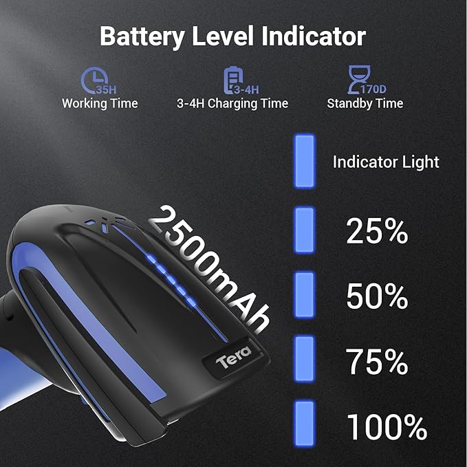 Tera Barcode Scanner Wireless 2D QR with Stand: Pro Version Battery Level Indicator 2500mAh Industrial Grade Bar Code Reader 3-in-1 Works with Bluetooth 2.4G USB Wired 8100 Dark Blue