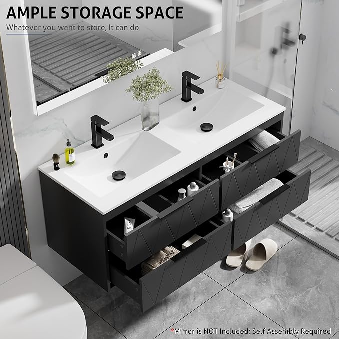 eclife 48" Bathroom Vanities Cabinet with Sink Combo, Wall Mounted Floating Cabinet W/Decor Line, Soft-Close System, 4 Extra Big Drawers, Matte Black Faucet, Black