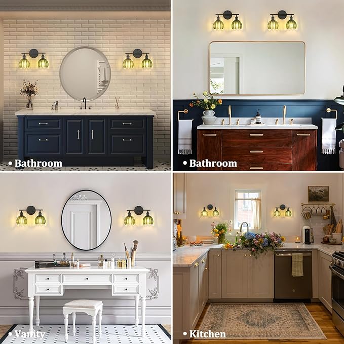 Shenmoyl Bathroom Light Fixtures, 2-Light Black Vanity Wall Light Over Mirror with Green Tulip Glass Shade for Bedroom Living Room (Bulb Not Included)