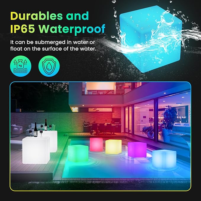 LOFTEK 16-Inch Rechargeable LED Cube Chair Light, 16 RGB Colors Glow Cube Seat w/Remote, Waterproof LED Cube Table, Color Changing Cubes Floor Lamp, Home Bedroom Patio Party Decorative Lighting