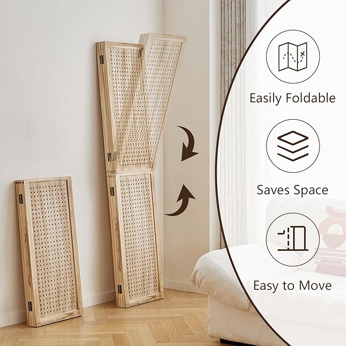 Leesinwing 4 Panel Wooden Room Dividers, 5.6FT High Plug-in Folding Screen Made of Natural Wood, Pegboard Display for Bedroom and Shopping Malls and Jewelry Stores, Light Brown