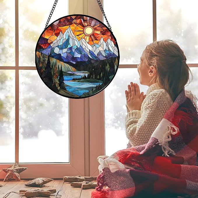 AMDERVEN Stained Glass Window Hanging - Colorful Mountain Lake Landscape Sun Catcher for Door Garden Home Decor Suncatcher Christmas Mother's Day Birthday Gifts for Women Men Mom Nana 15 in