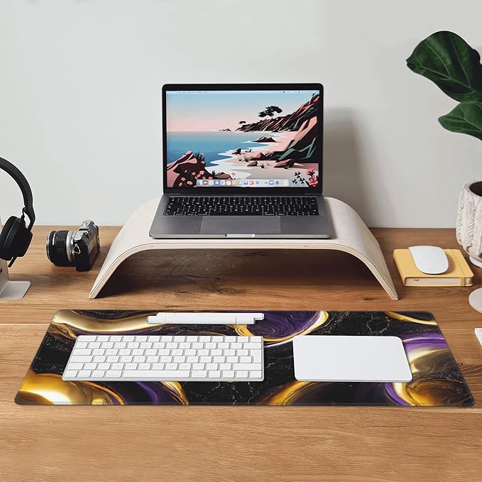 Black Marble Extended Big Mouse Pad Large,XL Gaming Mouse Pad Desk Pad,31.5x11.8inch Long Computer Keyboard Mouse Mat Mousepad with 3mm Non-Slip Base for Home Office Work-Purple and Gold Marble