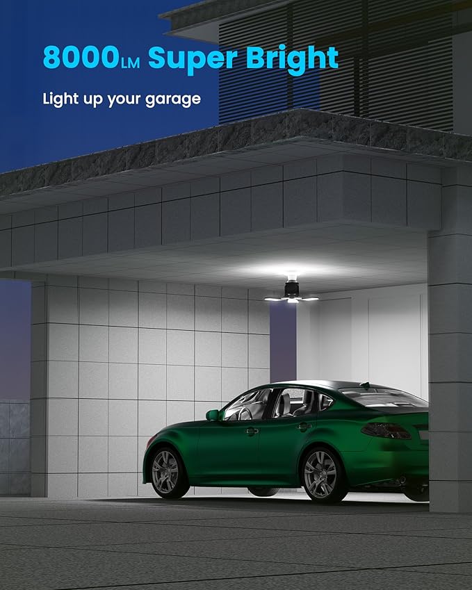 Kryoza Motion Sensor Garage Light 80W 8000LM, Motion Activated Shop Light with 360° Detection and 3 Deformable Panels, 3 Modes Screw-in Garage Ceiling LED Bulb for Indoor Basement, Attic 1-Pack
