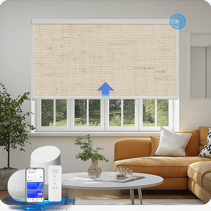 COOLWINDS Motorized Blinds with Remote Cordless Automatic Motorized Shades Custom Blinds for Windows Smart Curtains Compatible with Alexa Google Home(Blackout Linen Soft Dunes,W68 x H72in)