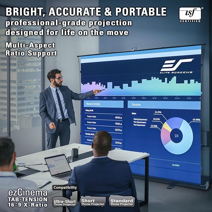 Elite Screens ezCinema Tab-Tension 16:9 X-Ratio Portable Projector Screen, Multi-Aspect Ratio, Manual Floor Rising Pull-Up Scissor-Lift Design + Carry Bag, Home Office Classroom- FT104XWH2-114V107X