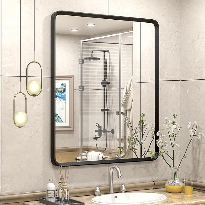 30x36 Black Bathroom Mirror, Black Matte Metal Framed Vanity Mirror, Rounded Rectangle Mirror, Anti-Rust, Shatterproof (Horizontal/Vertical)