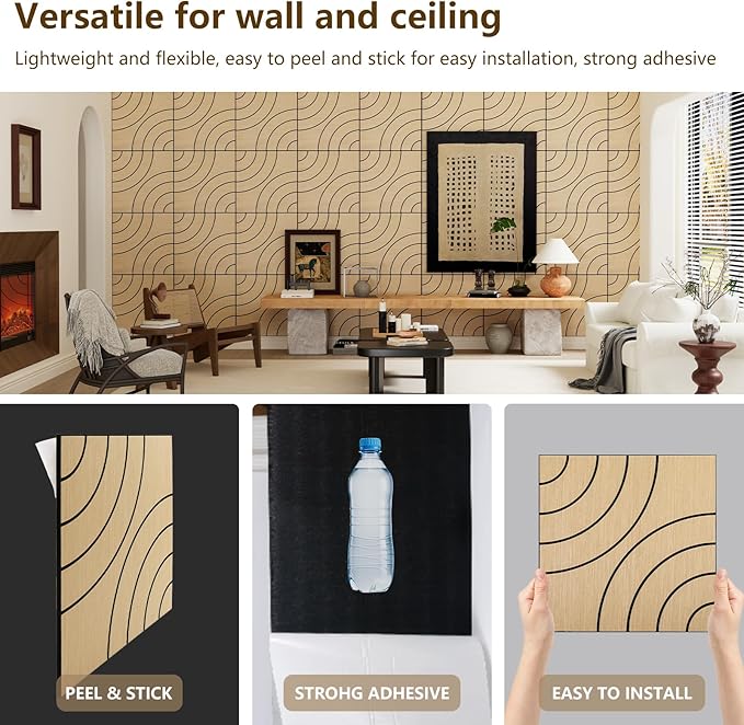 ARMURO 4 Packs Acoustic Wall Panels - Self-Adhesive 3D Wood Slat Wall Panel- Peel and Stick Sound Absorbing Panels for Noise Reducing - Feature Wall Decor for Home & Office
