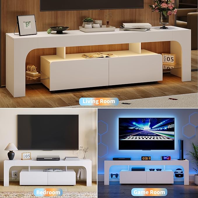 IDEALHOUSE LED TV Stand for 55 to 75 Inch TV, White Entertainment Center with Storage Drawer & Glass Shelves, Modern TV Console Table with Color Changing Lights for Living Room Bedroom