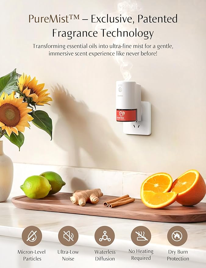 SF101 Pro Plug In Air Freshener, Waterless Essential Oil Diffuser, Non-Toxic Aroma Diffuser, Adjustable 120-Day Natural Scent Mist, Covers 1000 Sq Ft- Free 30ml Amberwood Spice