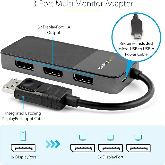 StarTech.com 3-Port DisplayPort 1.4 Splitter, DisplayPort to 3x DP Multi-Monitor Adapter, Triple 4K Computer MST Hub, USB Bus-Powered, Windows Only (MST14DP123DP)