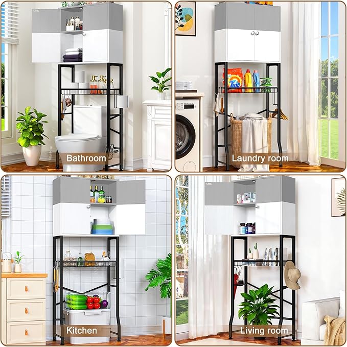 Over the Toilet Storage Cabinet - Freestanding Bathroom Organizer Shelf with Doors, gray & White Over the Toilet Shelves that Separates Wet and Dry Areas, Privacy Protection Above Toilet Storage Rack