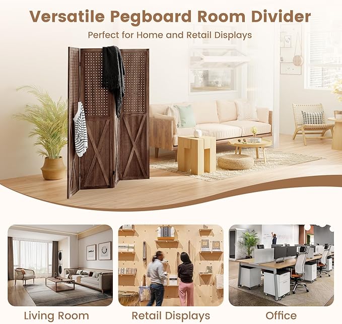 ALeesing 4 Panel Pegboard Wood Room Divider, 5.6Ft Pegboard Display Folding Privacy Screens, Peg Board Display Freestanding for Trade Show Craft Show Home Wall Organizer, Retro Brown