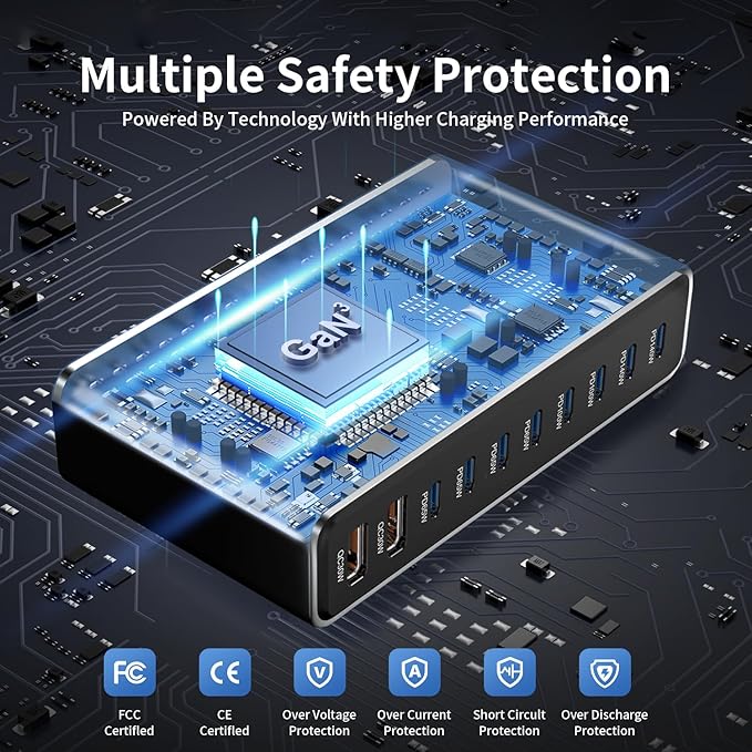 800W USB-C Charging Station GaN III 10-Port & 6.6ft 240W Cable, Compatible with iPhone, ipad, Samsung, Pixel, MacBook and Notebook etc.