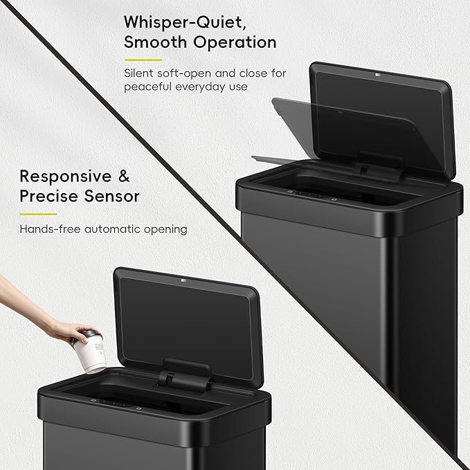 EKO EcoNova 13.2 Gallon/ 50L Automatic Sensor Kitchen Trash Can, Stainless Steel Touchless Garbage Bin with Soft-Close &Stay-Open Lid, Fingerprint-Resistant, Matte Black