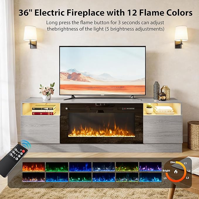 YISUFO 70" TV Stand with 36" Electric Fireplace, Large Modern Media Entertainment Center with Storage Cabinet and 12 Colors LED Lights for TVs Up to 80",Grey and Black