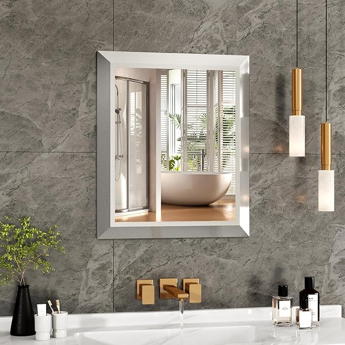 SMIROR Brushed Silver Bathroom Mirror for Over Sink, 20”x 24” Metal Thick Framed Rectangle Vanity Mirror for Wall, Right Angle Corner, Anti-Rust, Horizontally or Vertically Mounted