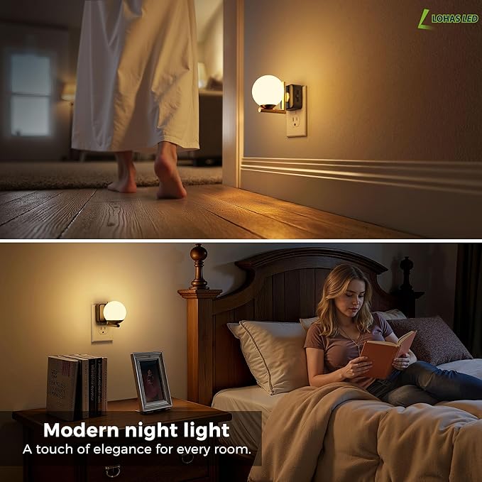 L LOHAS LED Night Lights Plug Into Wall 2 Pack, Dusk to Dawn Sensor, 3000K Nightlight, 0-100LM Adjustable Brightness, 180°Rotating Plug in Night Light for Bathroom, Hallway, Bedroom, Stairway