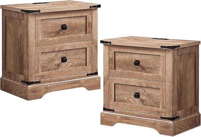 T4TREAM 24" Farmhouse Nightstand with Charging Station Set of 2, Large End Table with 2 Storage Drawers, Rustic Wood Sofa Bedside Table for Bedroom, Light Knotty Oak