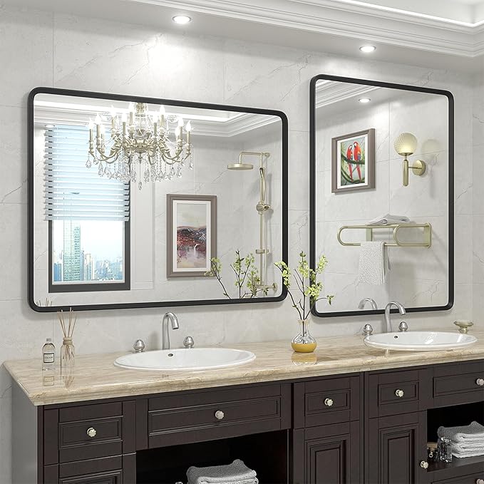 48x30 Black Bathroom Mirror, Black Matte Metal Framed Vanity Mirror, Rounded Rectangle Mirror, Anti-Rust, Shatterproof (Horizontal/Vertical)