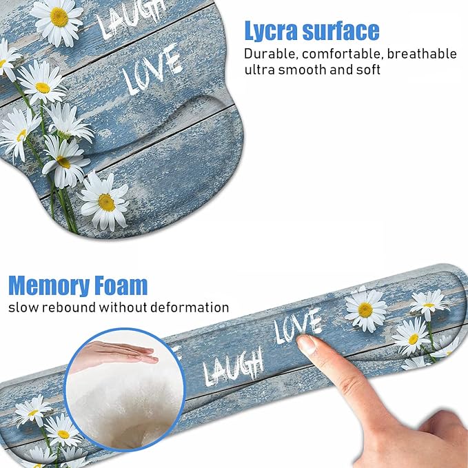 Keyboard Wrist Rest + Mouse Pad Wrist Support Set with Coasters, Dreamy Daisy Vintage Wood Board Live Laugh Love Design Non-Slip PU Base Ergonomic Mousepad for Home Office Working Studying