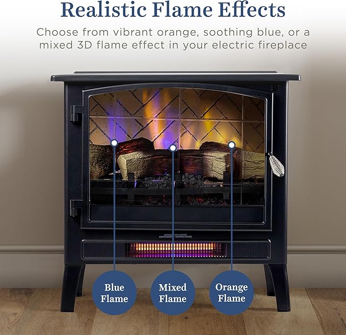 Country Living Infrared Freestanding Electric Fireplace Stove Heater in Black | Multiple Flame Colors, Metal Design with Faux Wooden Logs | Alexa/WiFi Enabled - Remote Included