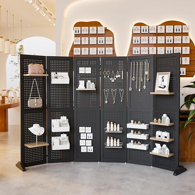 Bonnlo 4/6 Panel Pegboard Freestanding, 5 FT Portable Display Board Organizer for Craft Show Jewelry, Wooden Folding Privacy Screen Room Divider (Black, 6 Panel with Base)