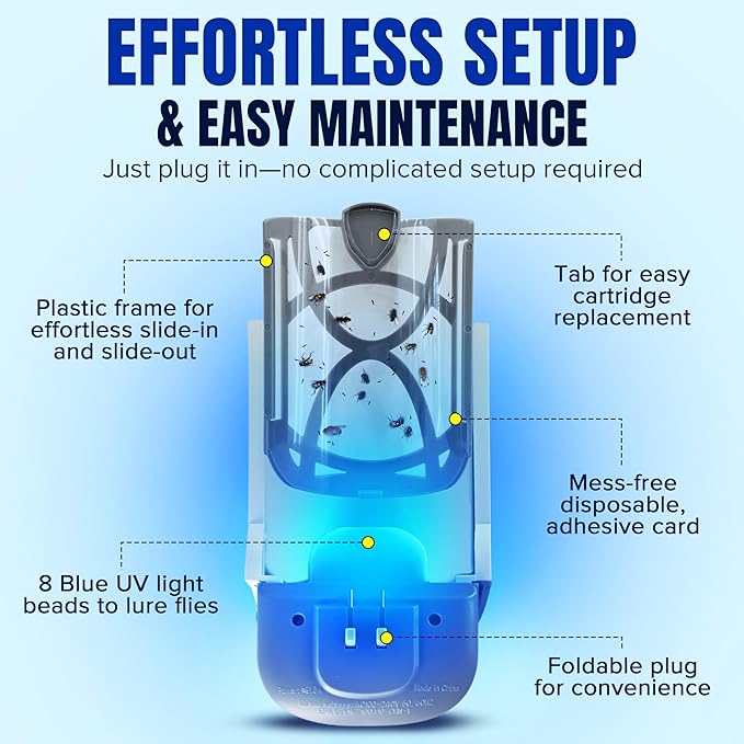 Zaperly 2 Fruit Fly Traps & 10 Adhesive Cartridges, Indoor Plug-in Bug Catcher, UV Light Fly Trap Captures Fruit Flies, Gnats, Houseflies, Moths, and Flying Insects for Kitchen, Bathroom, Plant Areas