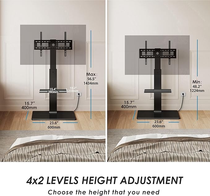 FITUEYES Floor TV Stand for 32-75 inch TV with Power Outlet, Tall TV Stand for Bedroom Living Room with Tempered Glass Base, Floor TV Mount Holds Up to 88lbs MAX VESA 600x400mm,Black