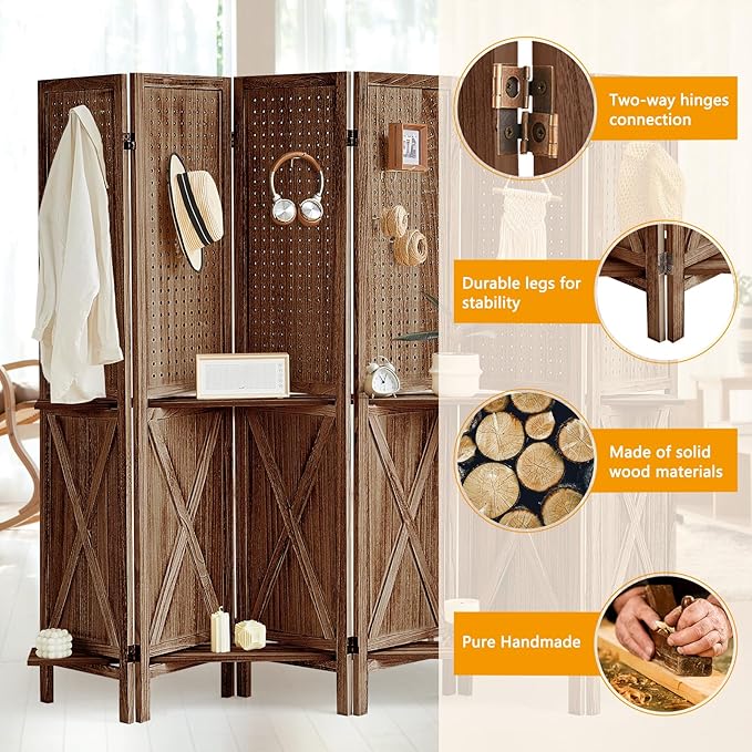 Aleesing 6 Panel Pegboard Display with Shelf, Wooden Pegboard Room Divider Wall with 24 Hooks, Partition Room Dividers and Folding Privacy Screens, Bedroom, Jewelry Store, Brown