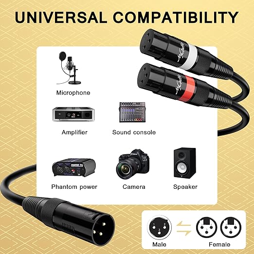 Mygatti XLR Splitter Y-XLR Cable 10 FT, Gold-Plated 3-Pin XLR Male to Dual XLR Female Patch Y Cable, Bi-Directional Balanced Microphone Adapter Cord, 1 XLR to 2 XLR Cable, Oxygen-Free Copper