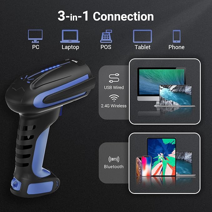 Tera Barcode Scanner Wireless 2D QR with Stand: Pro Version Battery Level Indicator 2500mAh Industrial Grade Bar Code Reader 3-in-1 Works with Bluetooth 2.4G USB Wired 8100 Dark Blue