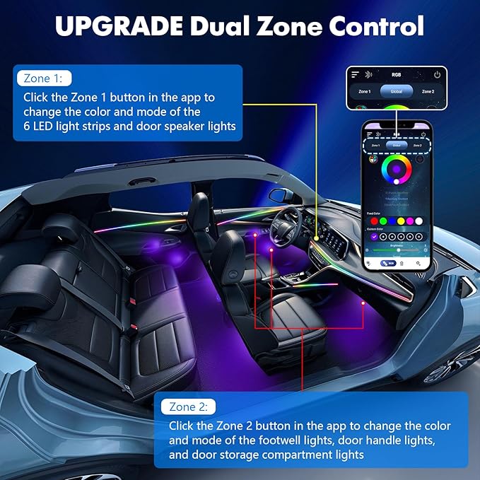 2026 Upgraded Dreamcolor Acrylic Interior Car LED Strip Light with Self-Developed App Dreamcolor RGB 14 in 1 | Dual Zone Control | Super Brighter Strips | Music Sync Ambient Lighting Car Interior