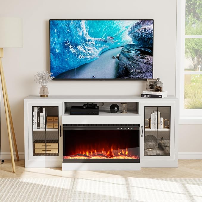 CharaVector 63 inch Fireplace TV Stand for TVs up to 75" with 30" 3-Sided Electric Fireplace, Farmhouse Entertainment Center with Glass Doors & Storage Cabinet, White Oak