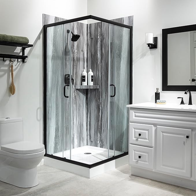 Palisade 78in x 36in x 36in Waterproof Vinyl Corner Shower Surround Kit with Accessories in Urban Cliff